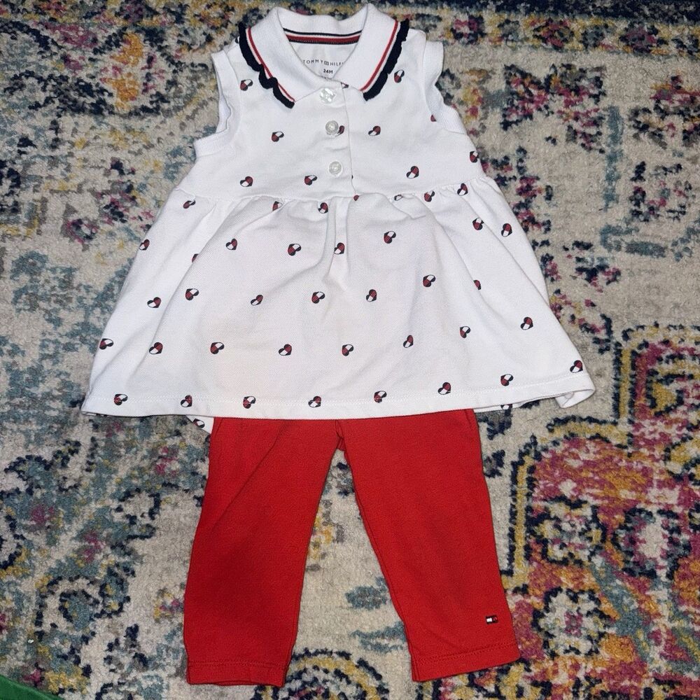 Tommy Hilfiger 24M Sleeveless Cotton Dress & Red Pants Set Heart Pattern